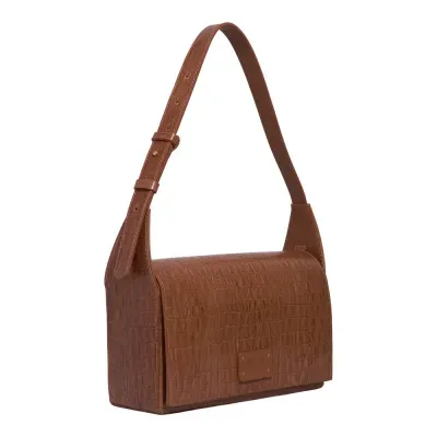 Bolsa Média Couro Croco Marrom Safari Alça De Ombro