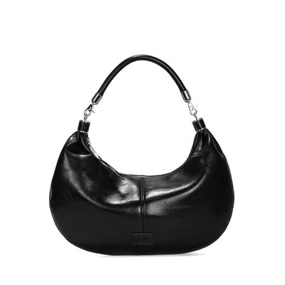 Bolsa Meia Lua Material Rustico Preta Alça De Ombro