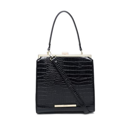 Bolsa Couro Croco Estruturada Vintage Preta