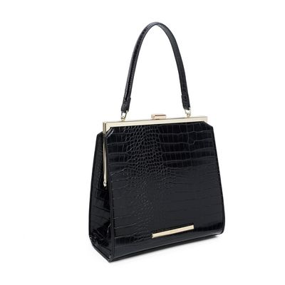 Bolsa Couro Croco Estruturada Vintage Preta