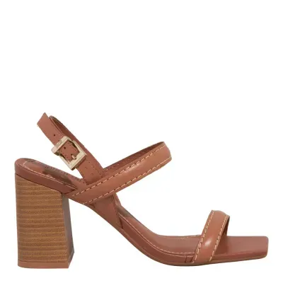 Sandália Couro Nobre Soft Caramelo Salto Alto Grosso