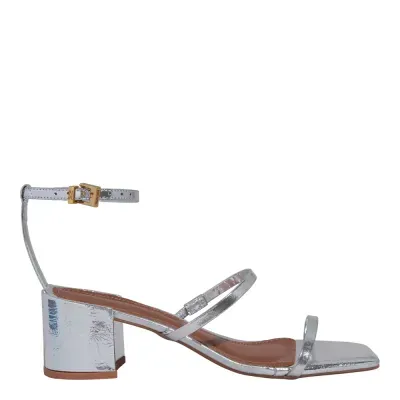 Sandália Lolla Couro Metalizado Prata Salto Bloco