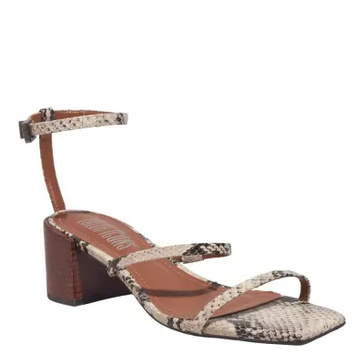 Sandália Couro Estampa Animal Print Cobra Salto Bloco