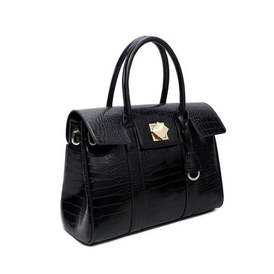 Bolsa Grande Couro Croco Fecho Cubo Preta
