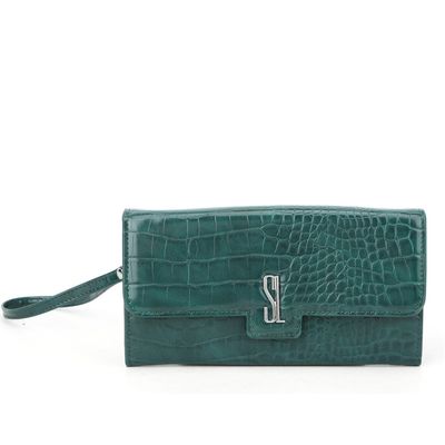 Carteira Envelope Couro Croco Verde
