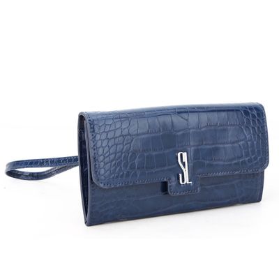 Carteira Envelope Couro Croco Azul