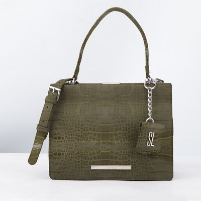 Bolsa Couro Croco Grande Fecho Vintage Verde