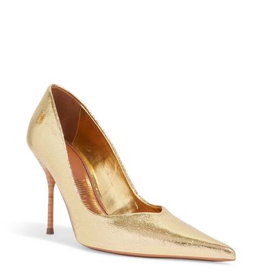 Scarpin One Dourado Couro Craquelê Salto Alto