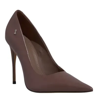 Scarpin Couro Salto Alto Marrom Fog Bico Fino