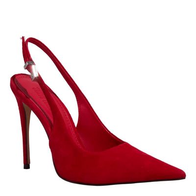 Scarpin Slingback Couro Camurça Vermelho Salto Agulha