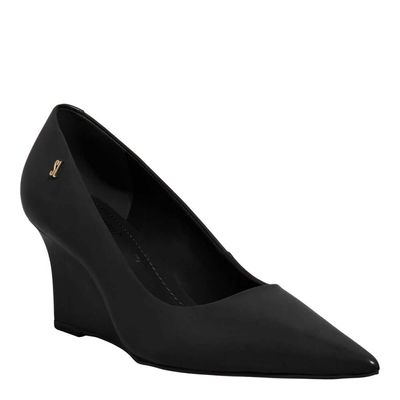 Scarpin Anabela Couro Preto Bico Fino