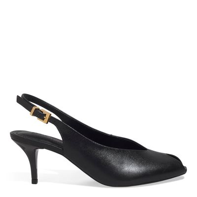 Peep Toe Slingback Couro Preto Salto Baixo