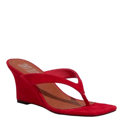 Mule Thong Couro Camurça Anabela Vermelho