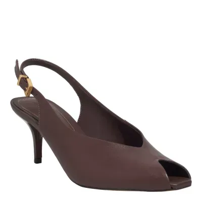 Peep Toe Slingback Couro Marrom Dark Salto Baixo