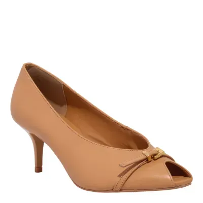 Peep Toe Couro Marrom Salto Baixo Fivela