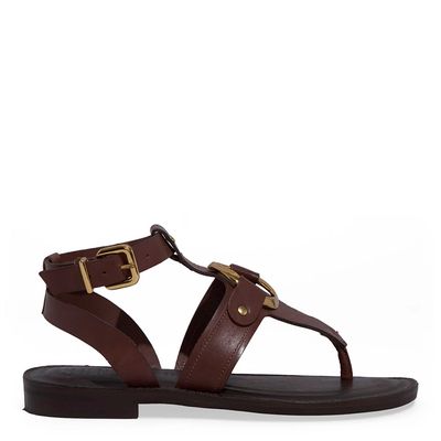Sandália Rasteira Couro Marrom Dark Fivela