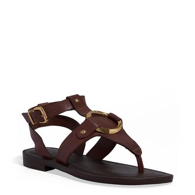 Sandália Rasteira Couro Marrom Dark Fivela