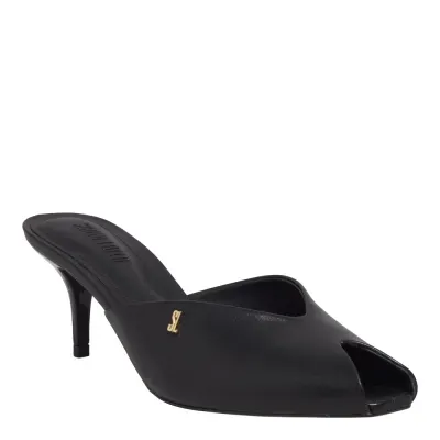 Mule Couro Bico Redondo Recorte Preto