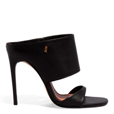 Mule Couro Pelica Salto Alto Fino Preto