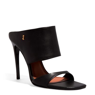 Mule Couro Pelica Salto Alto Fino Preto