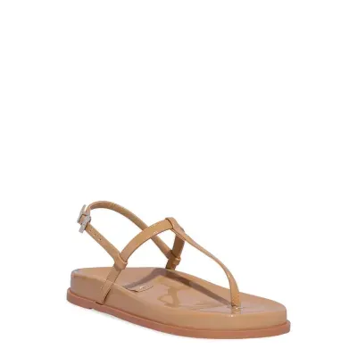 Sandália Papete Salomé Verniz Bege Palha