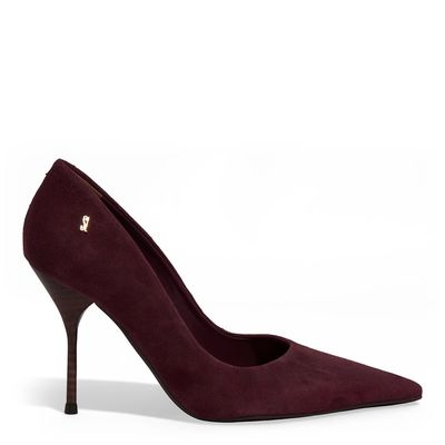 Scarpin Nobuck Roxo Bico Fino Salto Agulha