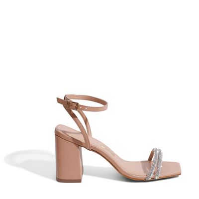 Sandália Salto Bloco Strass Bege