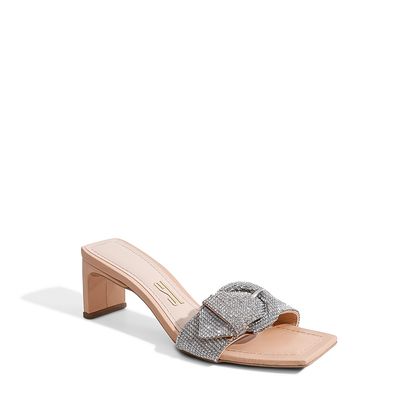 Mule Bege em Couro com Fivela e Strass