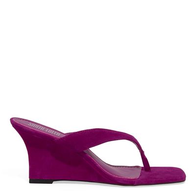 Mule Thong Couro Camurça Anabela Rosa Fúcsia
