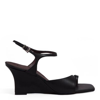 Sandália Couro Anabela Toe Ring Preto