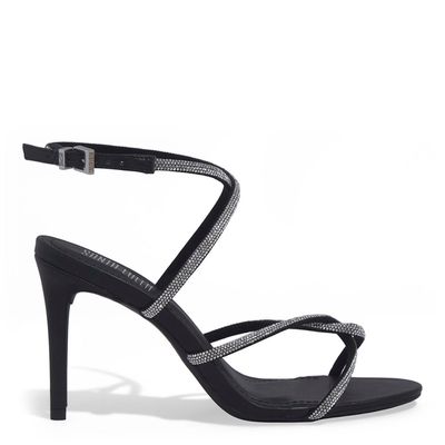 Sandália Napa Soft Strass Brilho Salto Alto Fino Preta