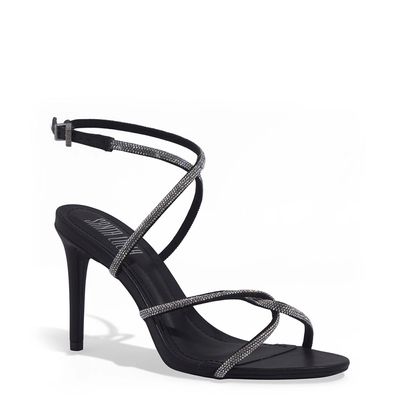 Sandália Napa Soft Strass Brilho Salto Alto Fino Preta