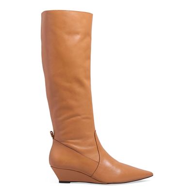 Bota Couro Cano Alto Caramelo Salto Anabela