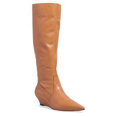 Bota Couro Cano Alto Caramelo Salto Anabela