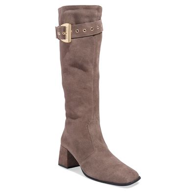 Bota Montaria Couro Camurça Cano Alto Cinza Fivela