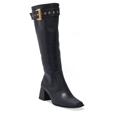 Bota Montaria Couro Cano Alto Preto Fivela