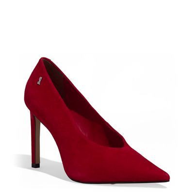 Scarpin Couro Camurça Vermelho Bico Fino Salto Alto