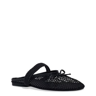 Mule Tela Bico Redondo Preto Laço