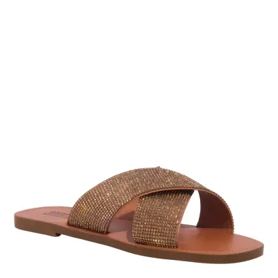 Rasteira Tiras Brilho Strass Rosa