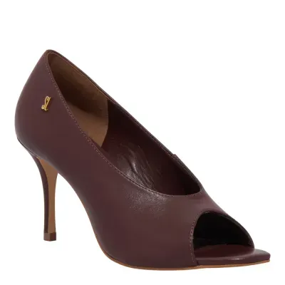 Peep Toe Couro Salto Médio Fino Marrom Dark