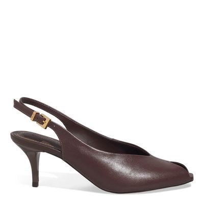 Peep Toe Slingback Couro Marrom Dark Salto Baixo