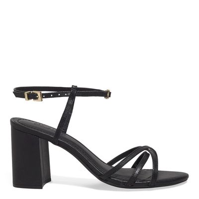 Sandália Couro Salto Médio Preta Tiras Finas