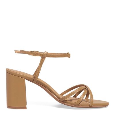 Sandália Couro Salto Médio Bege Tiras Finas