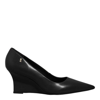 Scarpin Anabela Couro Preto Bico Fino