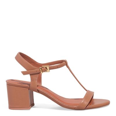 Sandália Couro Confort Salto Bloco Bege