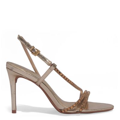 Sandália Metalizada Dourada Strass Salto Alto Fino