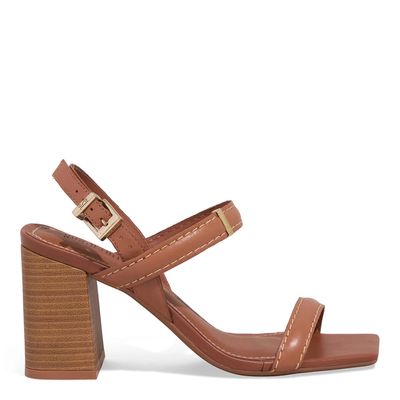 Sandália Couro Nobre Soft Caramelo Salto Alto Grosso