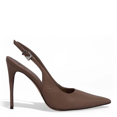 Scarpin Slingback Couro Salto Alto Marrom Fog