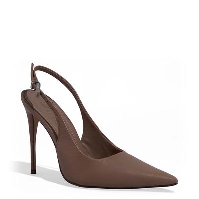 Scarpin Slingback Couro Salto Alto Marrom Fog