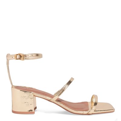 Sandália Lolla Couro Metalizado Dourada Salto Bloco